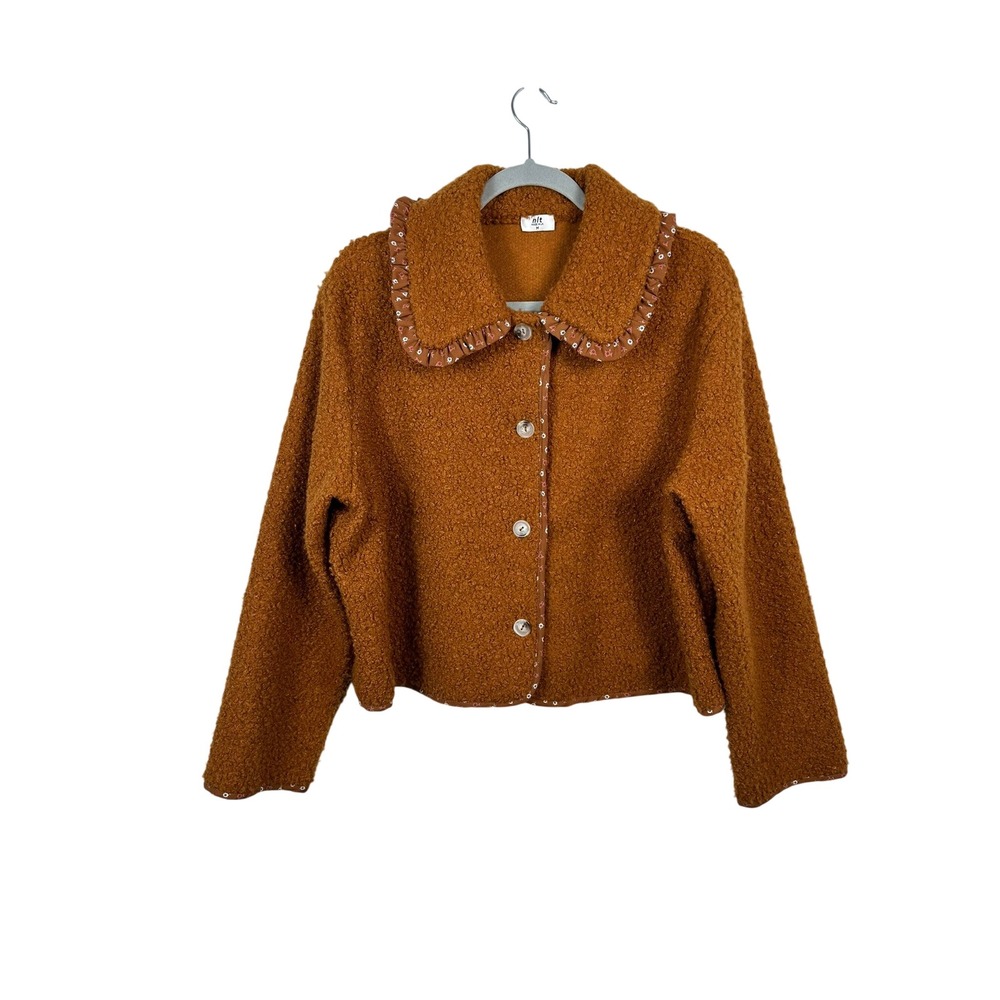 NLT Boucle Jacket Womens M Rust Brown Excellent Ruffle Floral Collar NT5860
